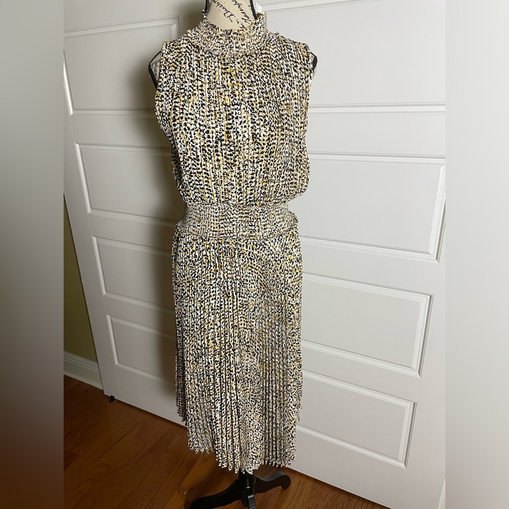 Nanette Lepore Gold Print Pleated Midi Dress